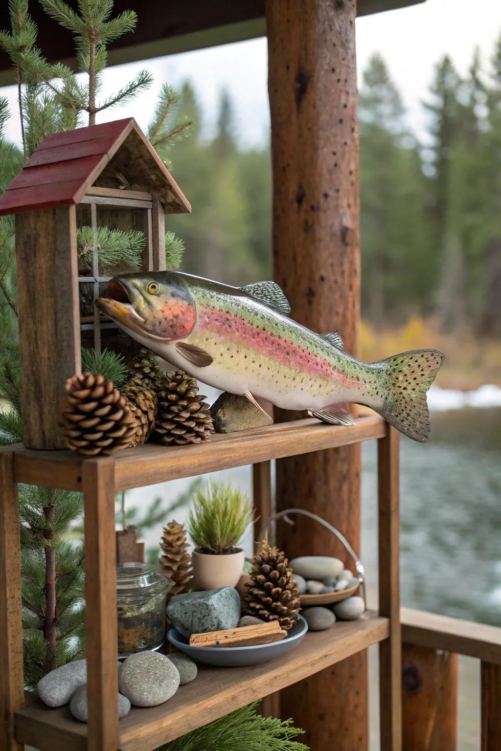 Outdoor-inspired shelving with a rainbow trout mount creates a nature-themed decor.