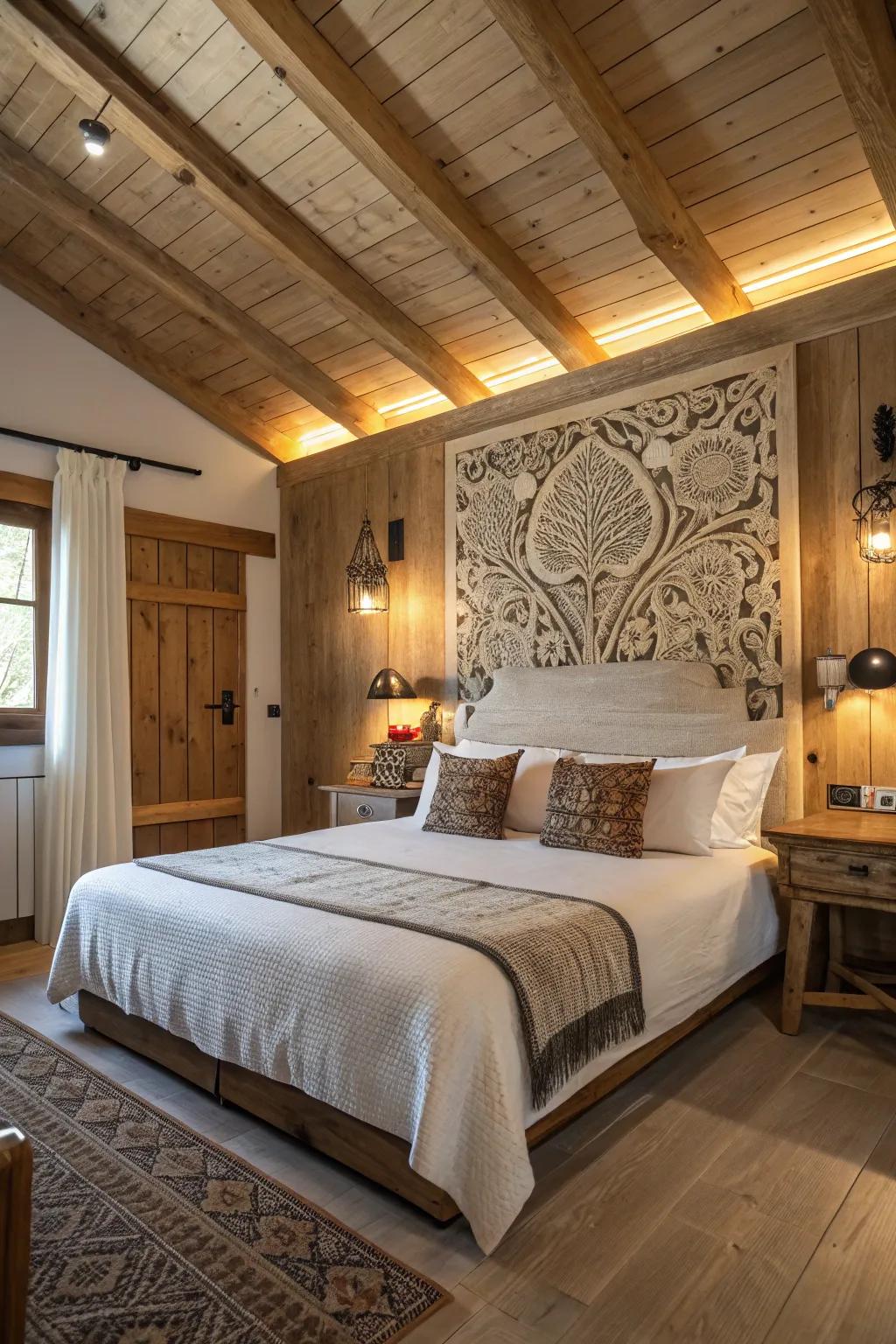 A rustic bedroom featuring a large statement headboard.