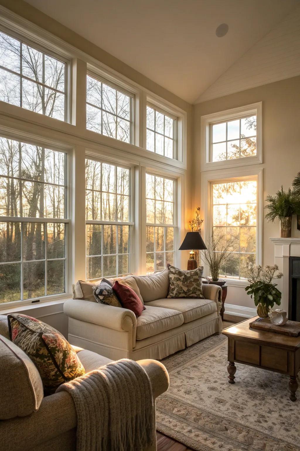 A bright and spacious living room with extended windows.