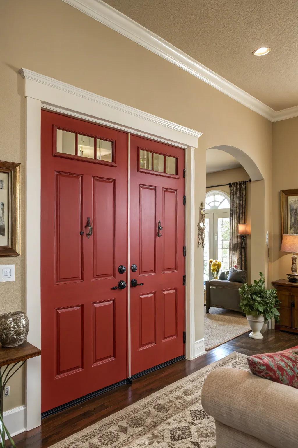 Red painted doors add a subtle yet impactful statement.