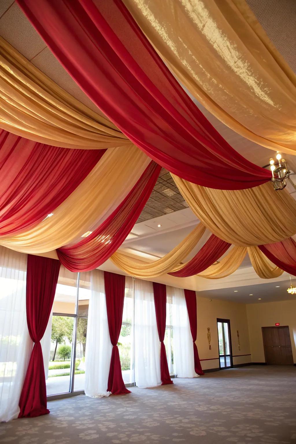 Fabric draping adds drama and elegance to the decor.