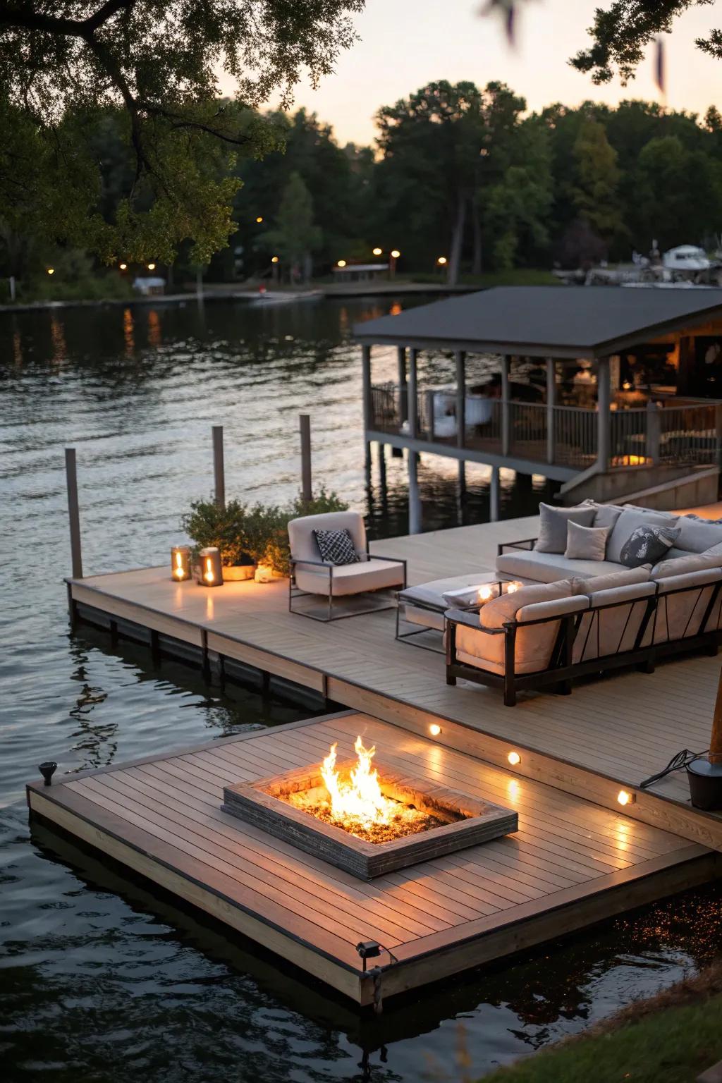 A dock featuring a fire pit for warm and inviting evenings.