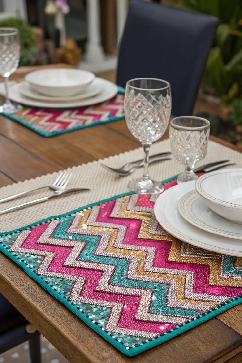 Zigzag rhinestones infuse energy into dining.