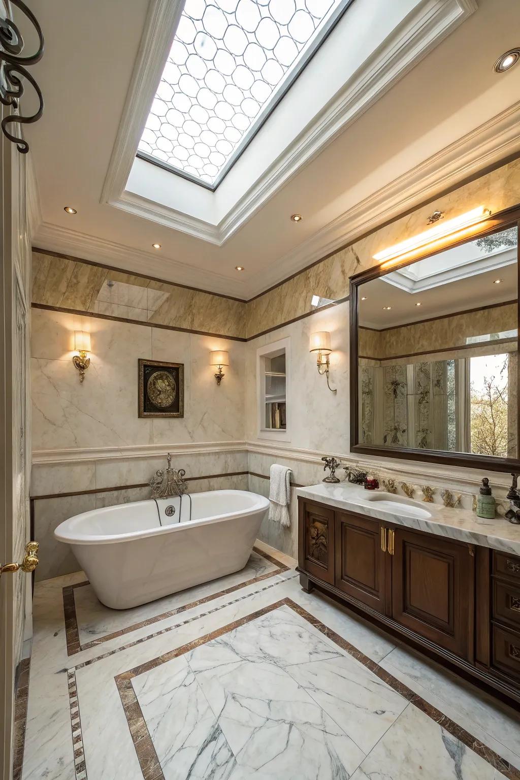 A skylight brings natural light and openness to this elegant bathroom.