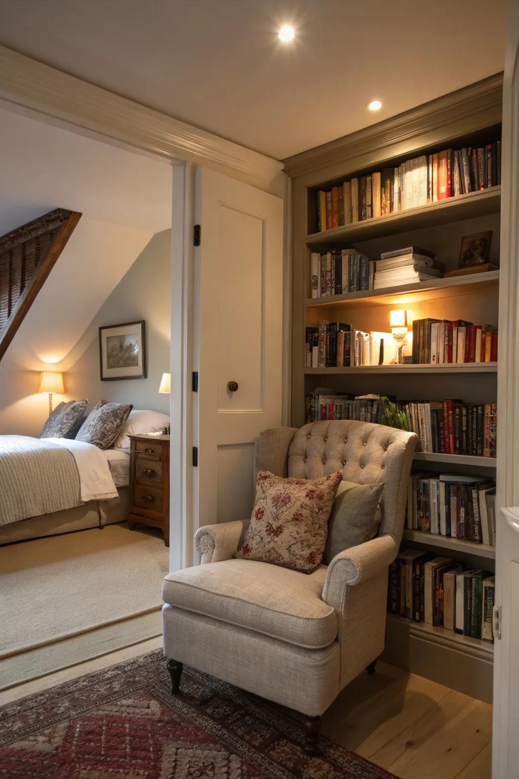 A hidden nook provides a cozy escape within the bedroom.