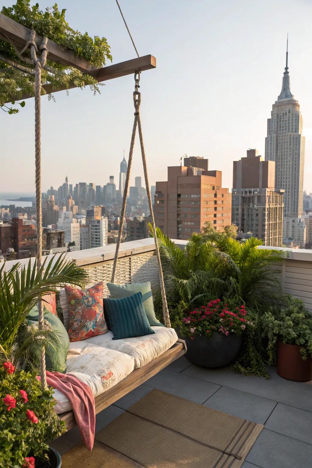 A swinging seat adds fun and relaxation to a rooftop.