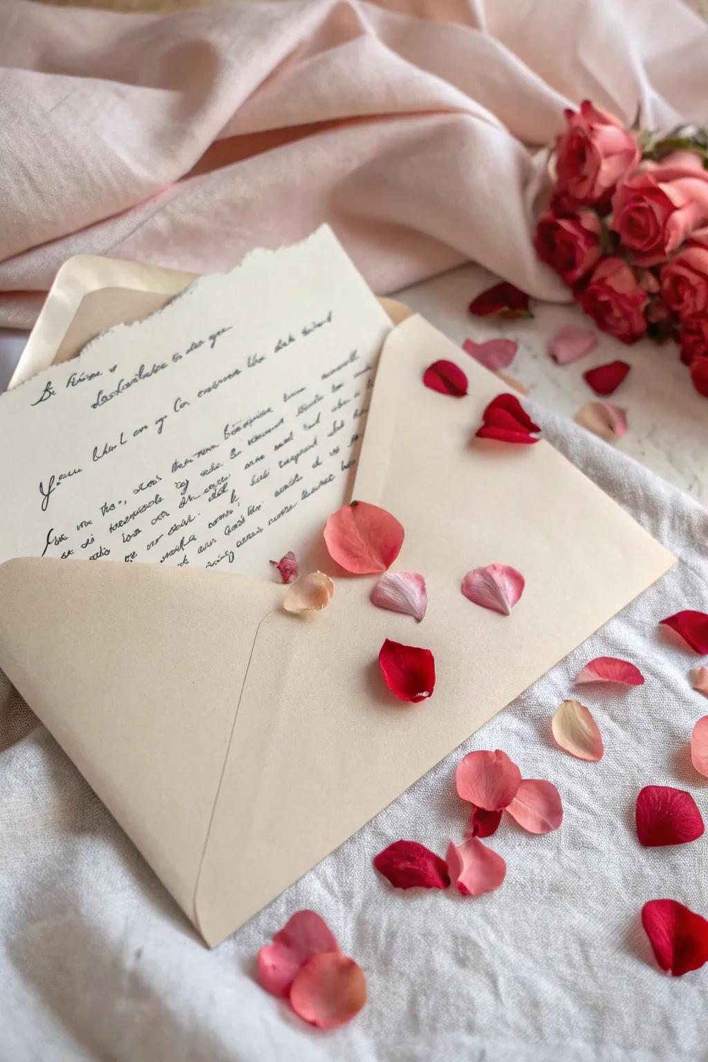 A love letter accompanied by rose petals for added romance