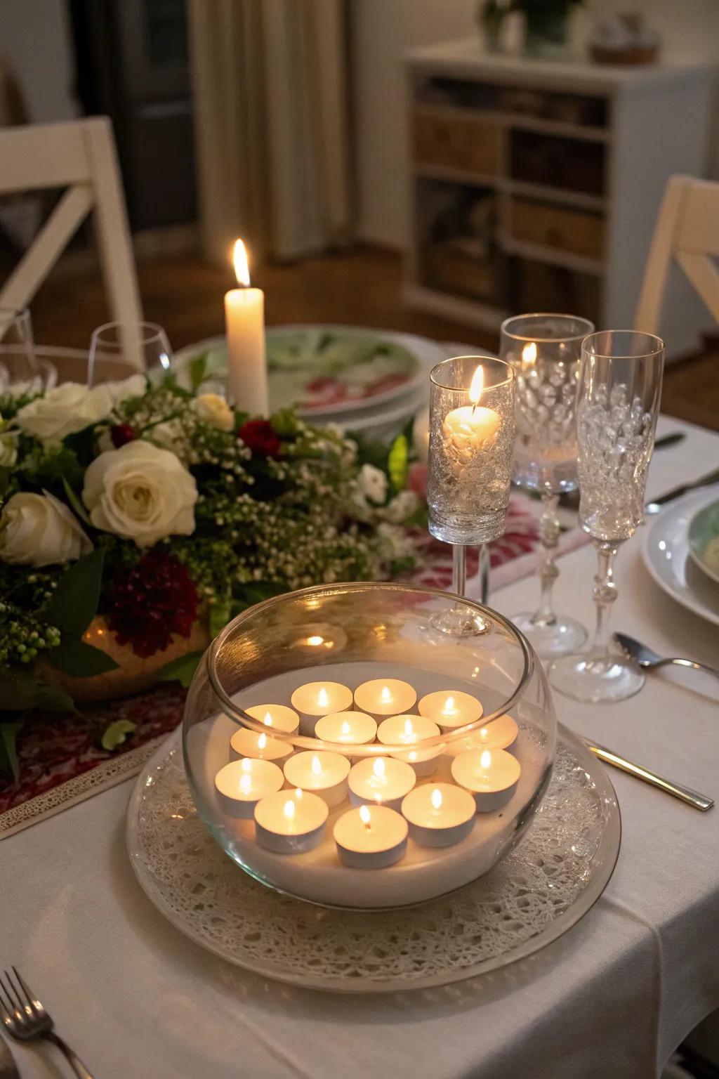 Tea lights in a glass bowl create a cozy and inviting glow.