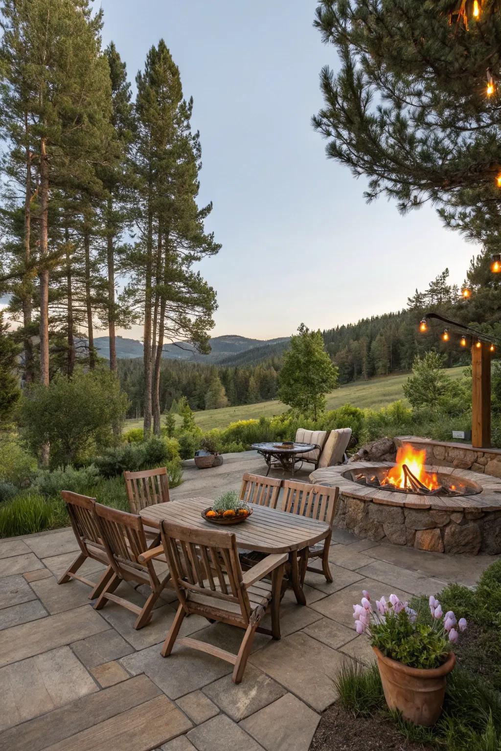 An inviting outdoor space with rustic elements.