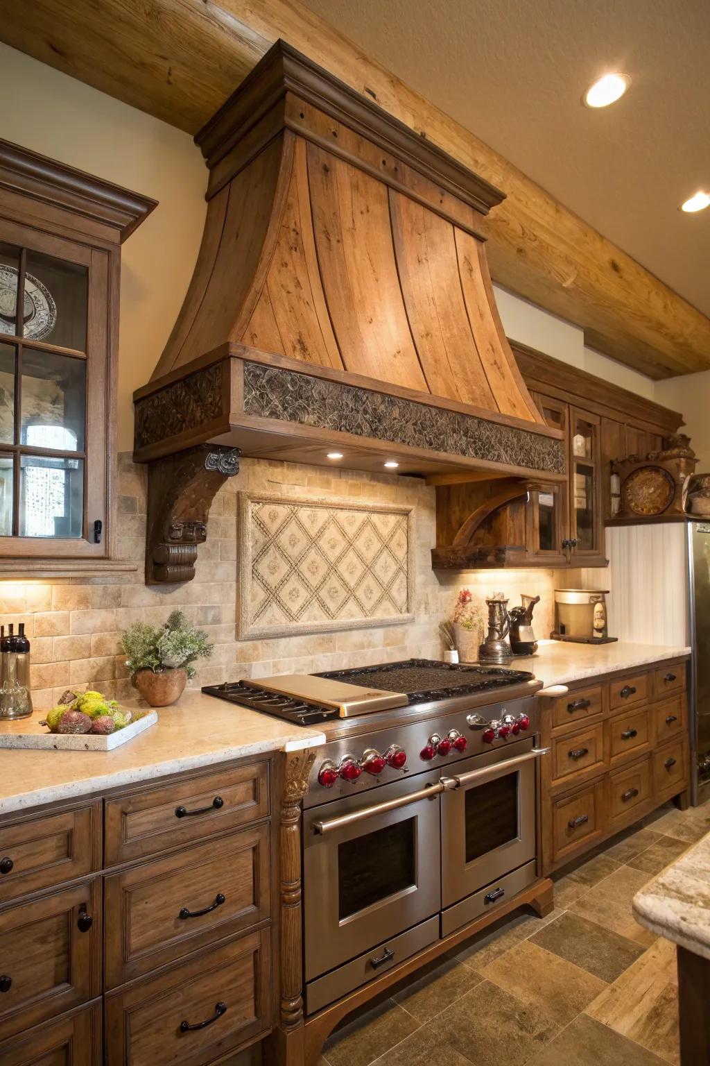 Custom rustic hoods serve as standout features in the kitchen.