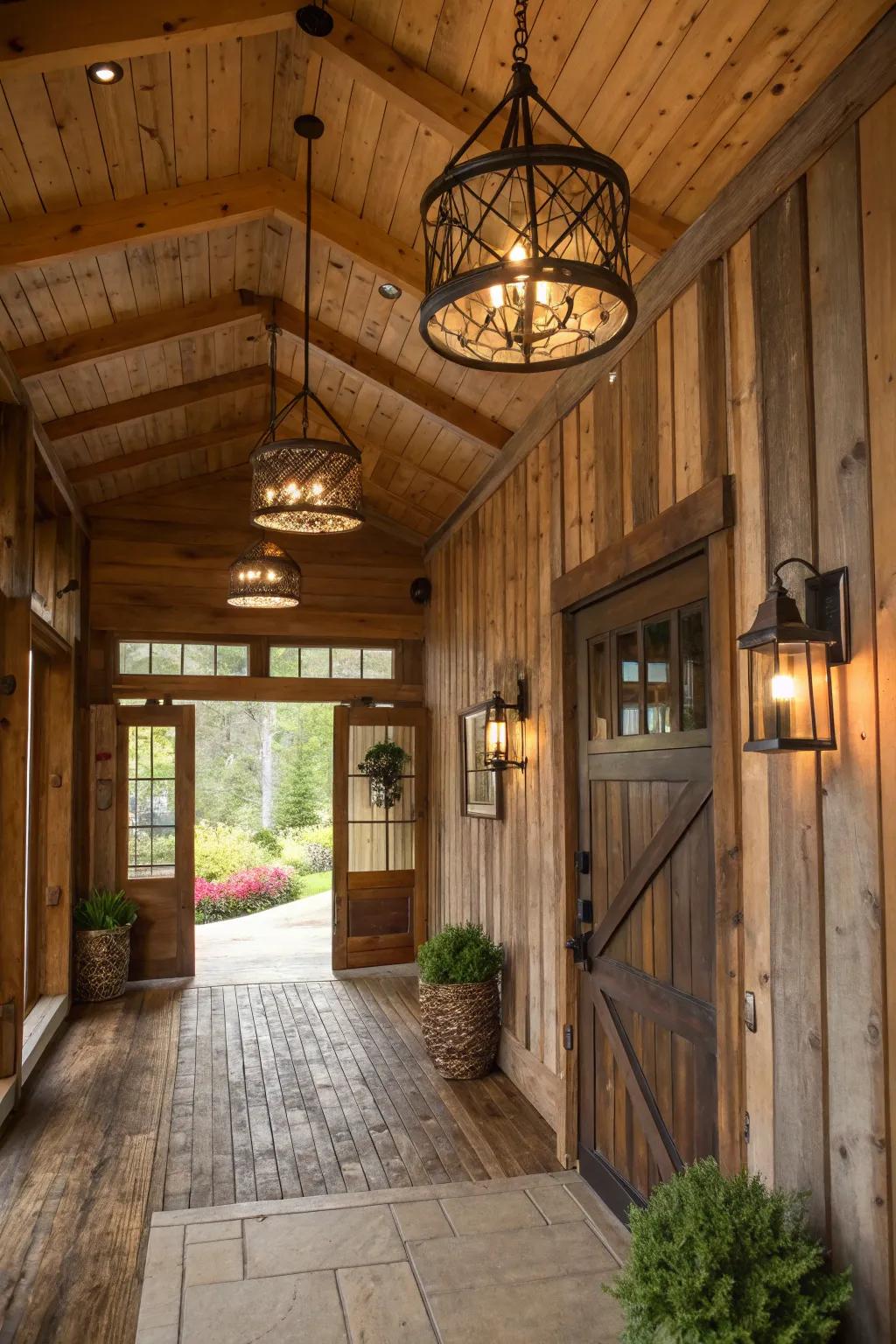 Barn wood fixtures greet guests with warmth and style in this entryway.