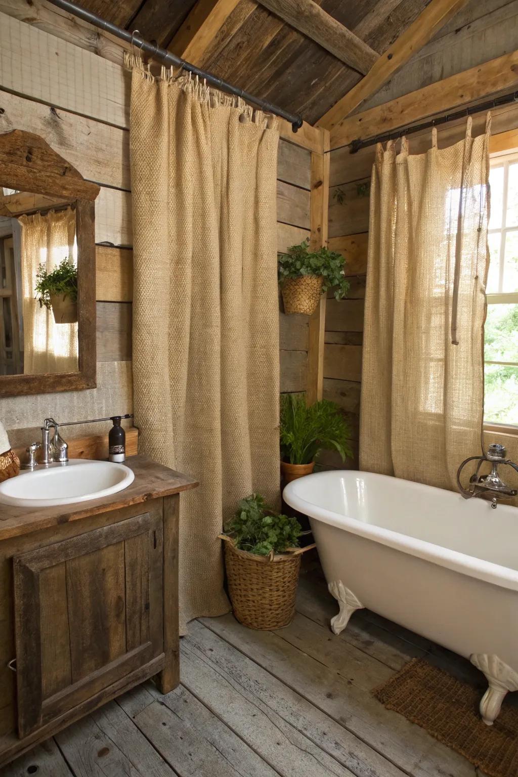 Burlap curtains add texture and rustic charm.