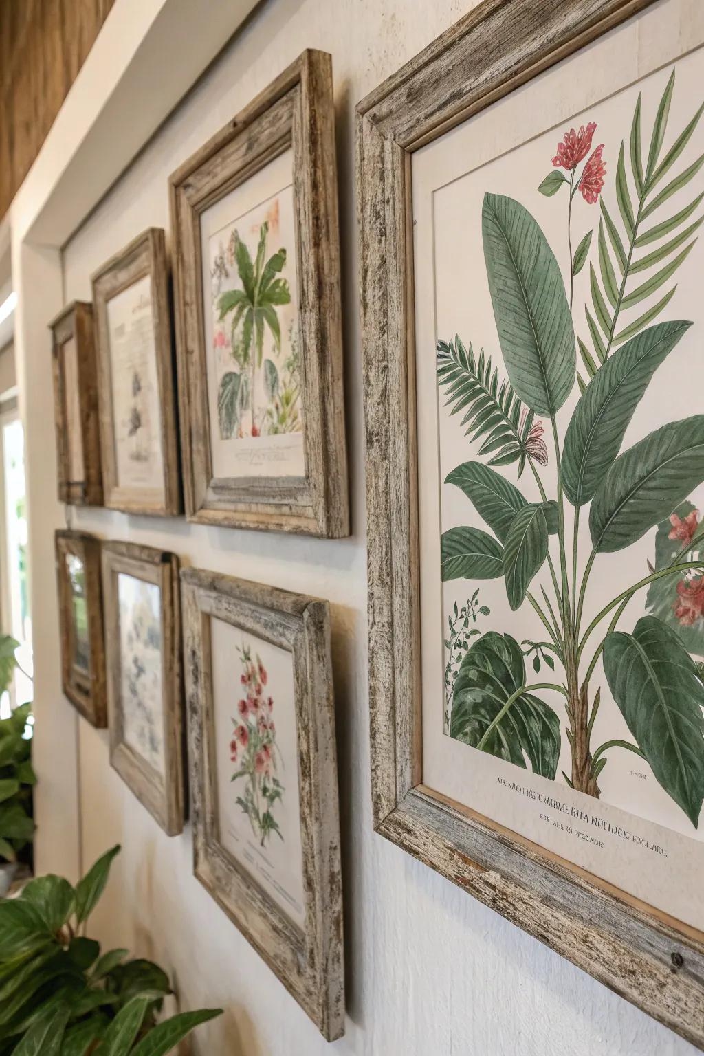 Botanical prints in rustic frames add a touch of nature indoors.