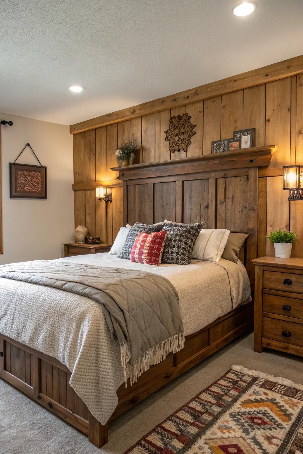 Wainscoting as a headboard substitute adds texture and interest.