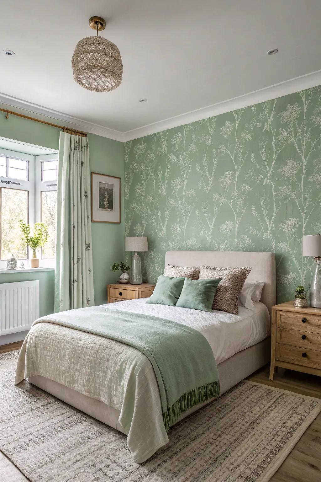 Sage green wallpaper adds texture and transforms your bedroom into a peaceful retreat.