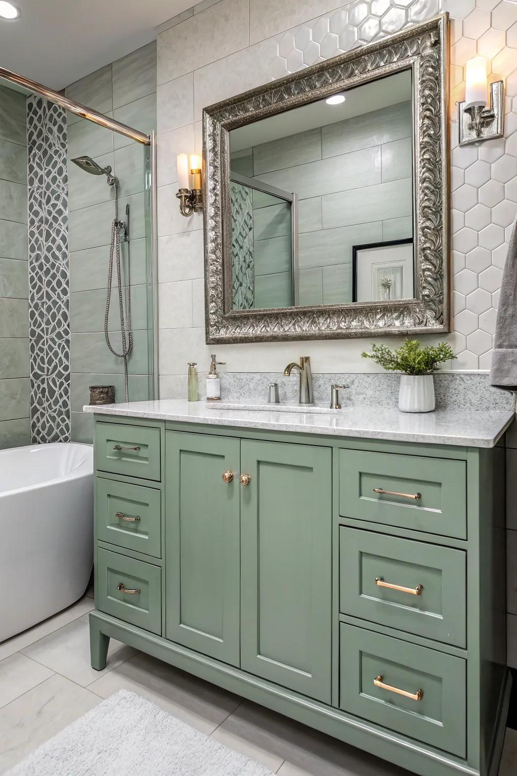 An elegant bathroom with metallic accents that enhance a sage green vanity.