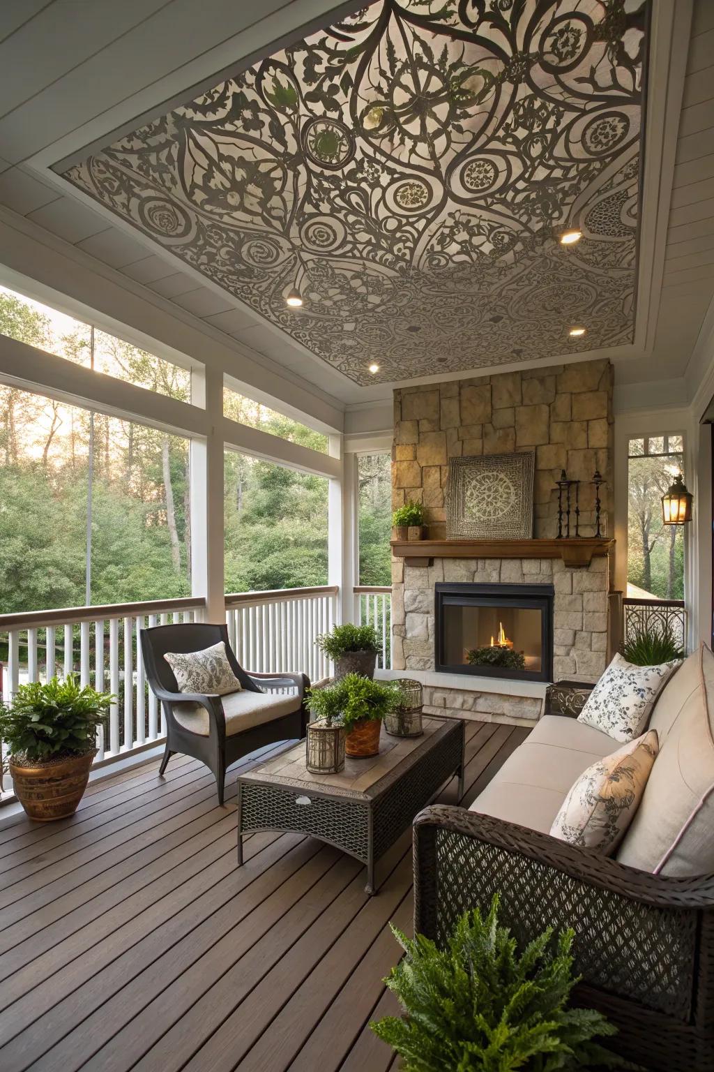 A porch with a cozy ceiling and fireplace offers warmth and ambiance.