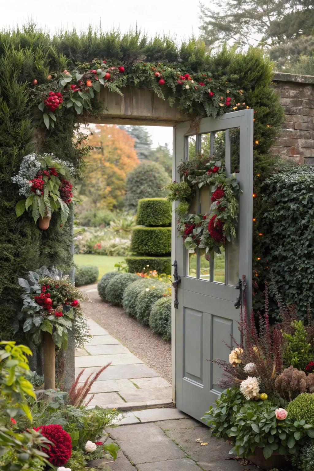 Seasonal decor keeps this garden door fresh and inviting year-round.