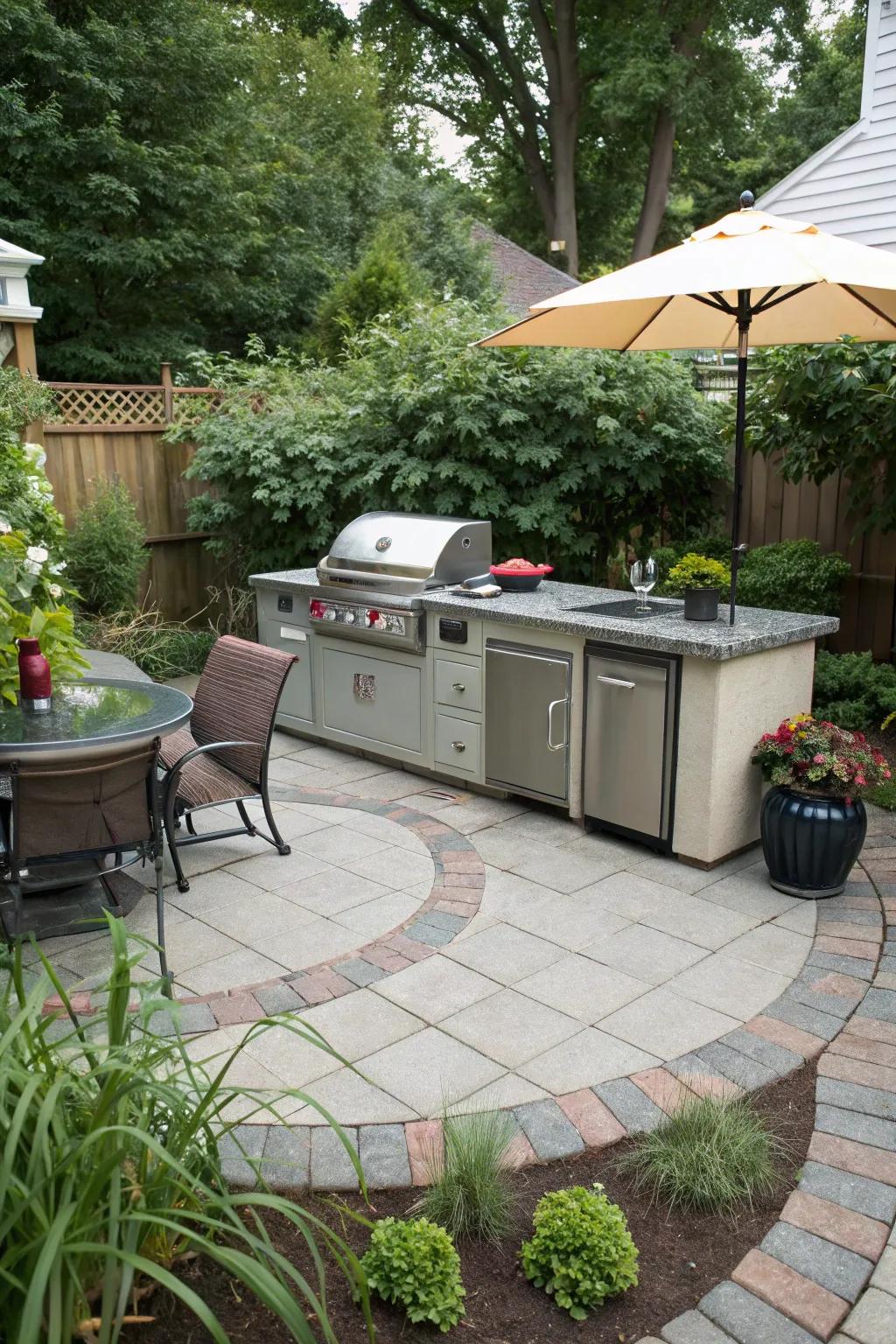 An outdoor kitchen makes dining and cooking in the open air delightful.