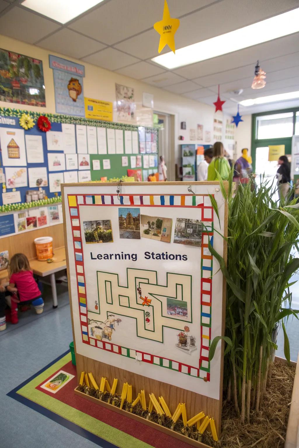 A corn maze-themed bulletin board with interactive elements.