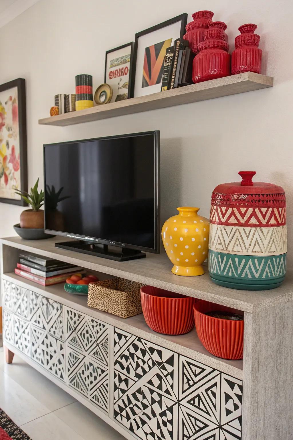 Geometric patterns create a bold statement above the TV.