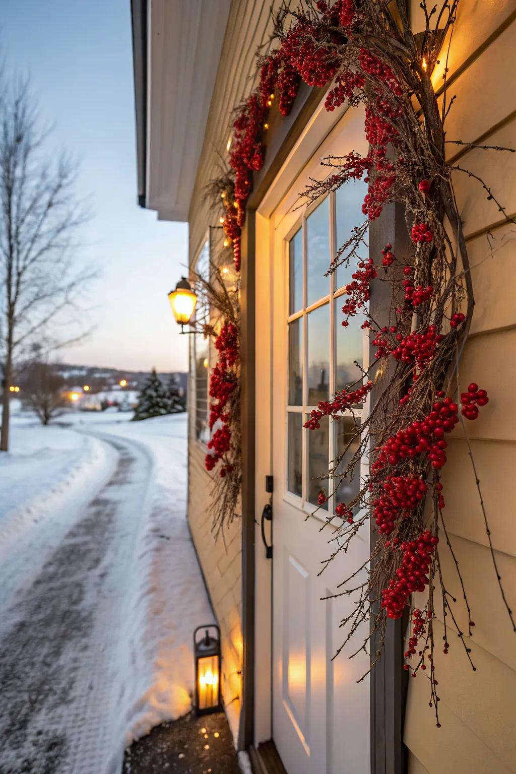 Winterberries offer a vibrant pop of red amid green decorations.