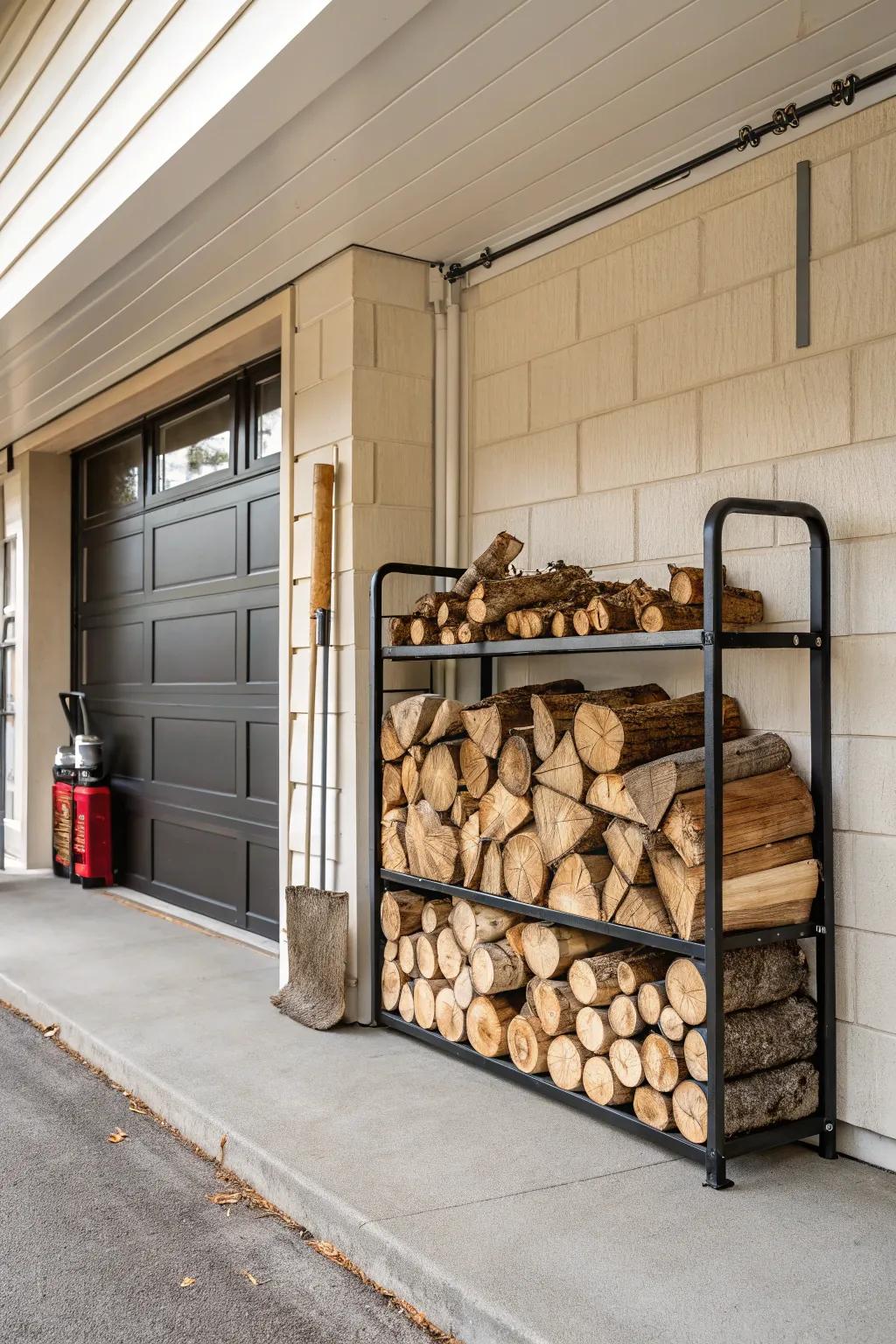 A slatwall firewood holder keeps logs organized and ready for use.