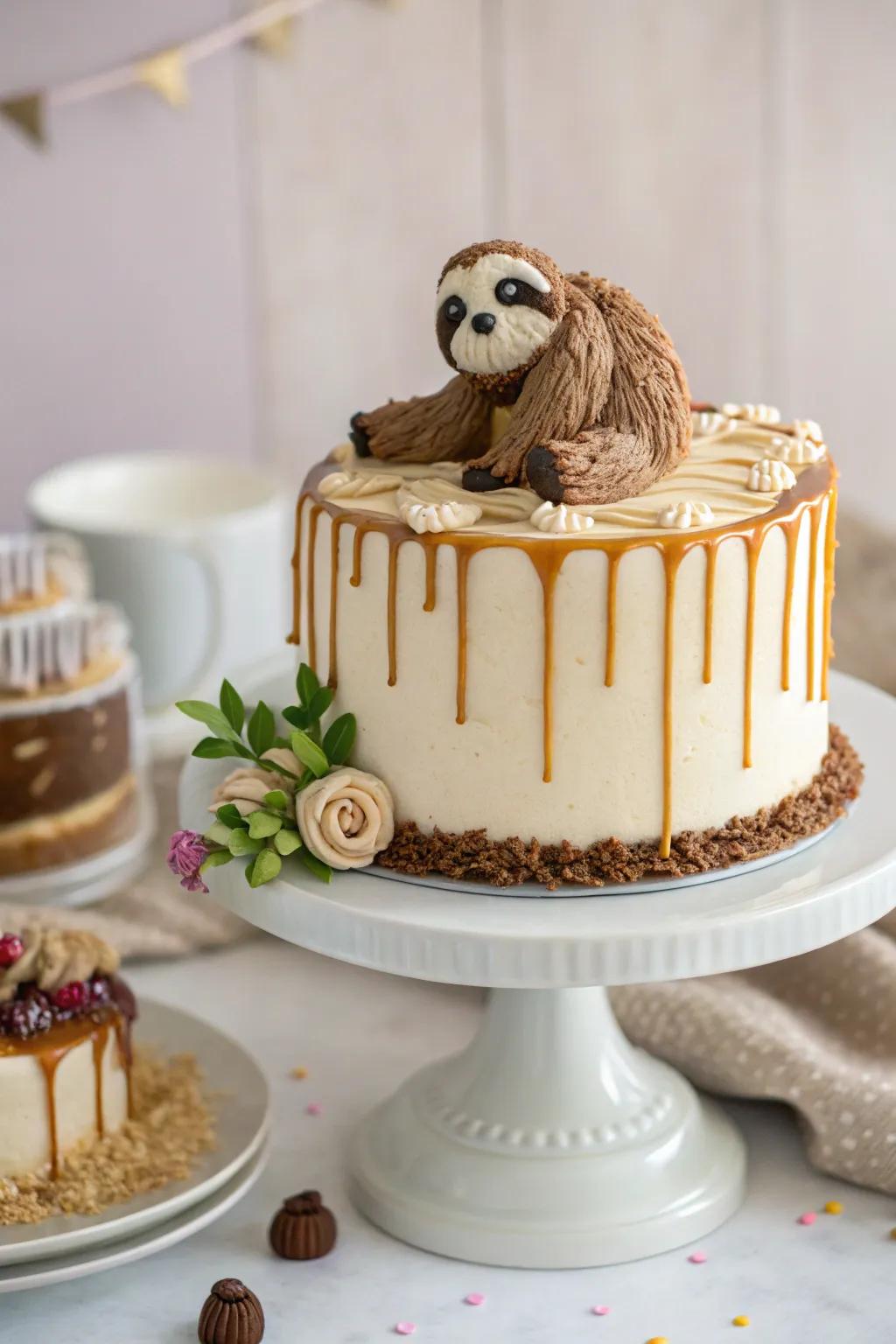 A drip design adds a touch of elegance to the sloth cake.