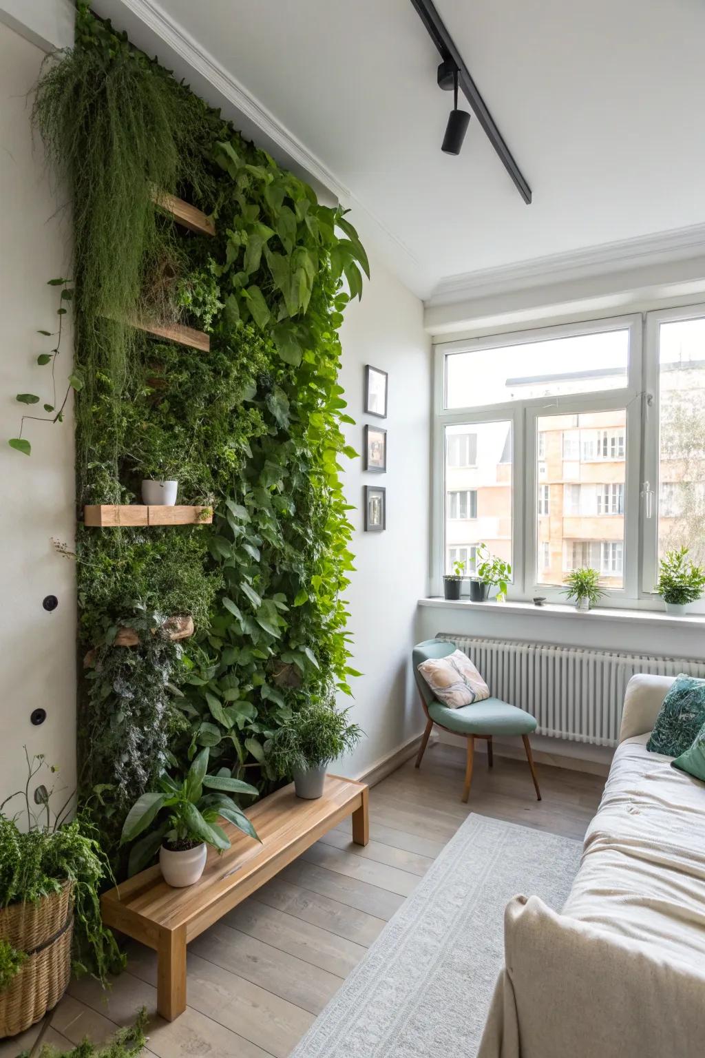 A vertical garden adds greenery without occupying floor space.