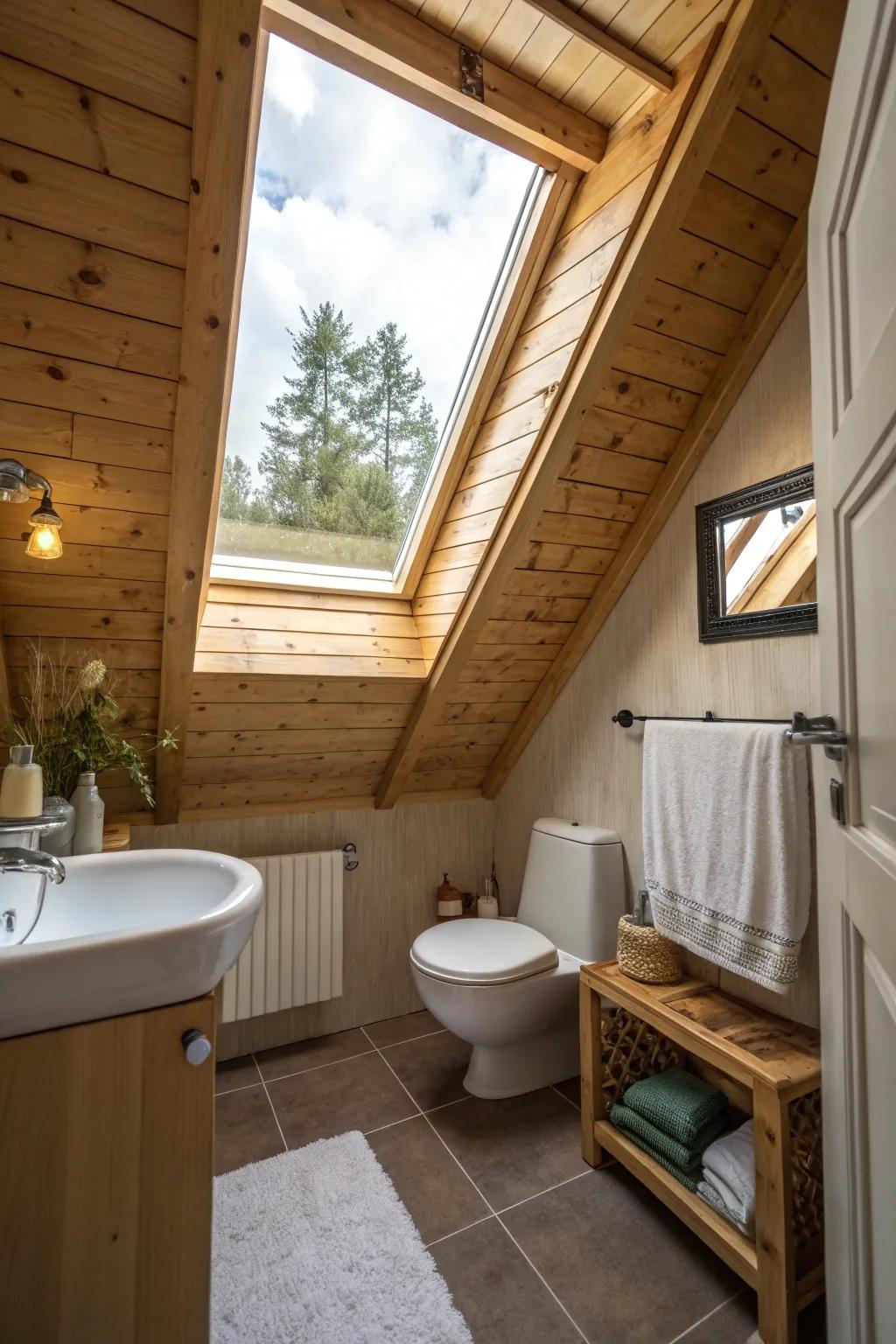 A skylight enhances the natural beauty of the wood ceiling.