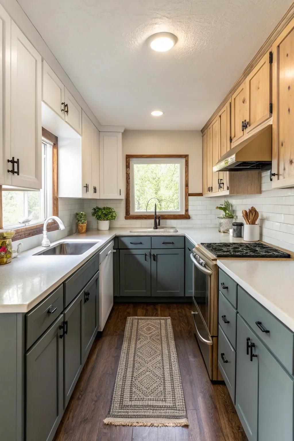 Two-toned cabinets create visual dimension.