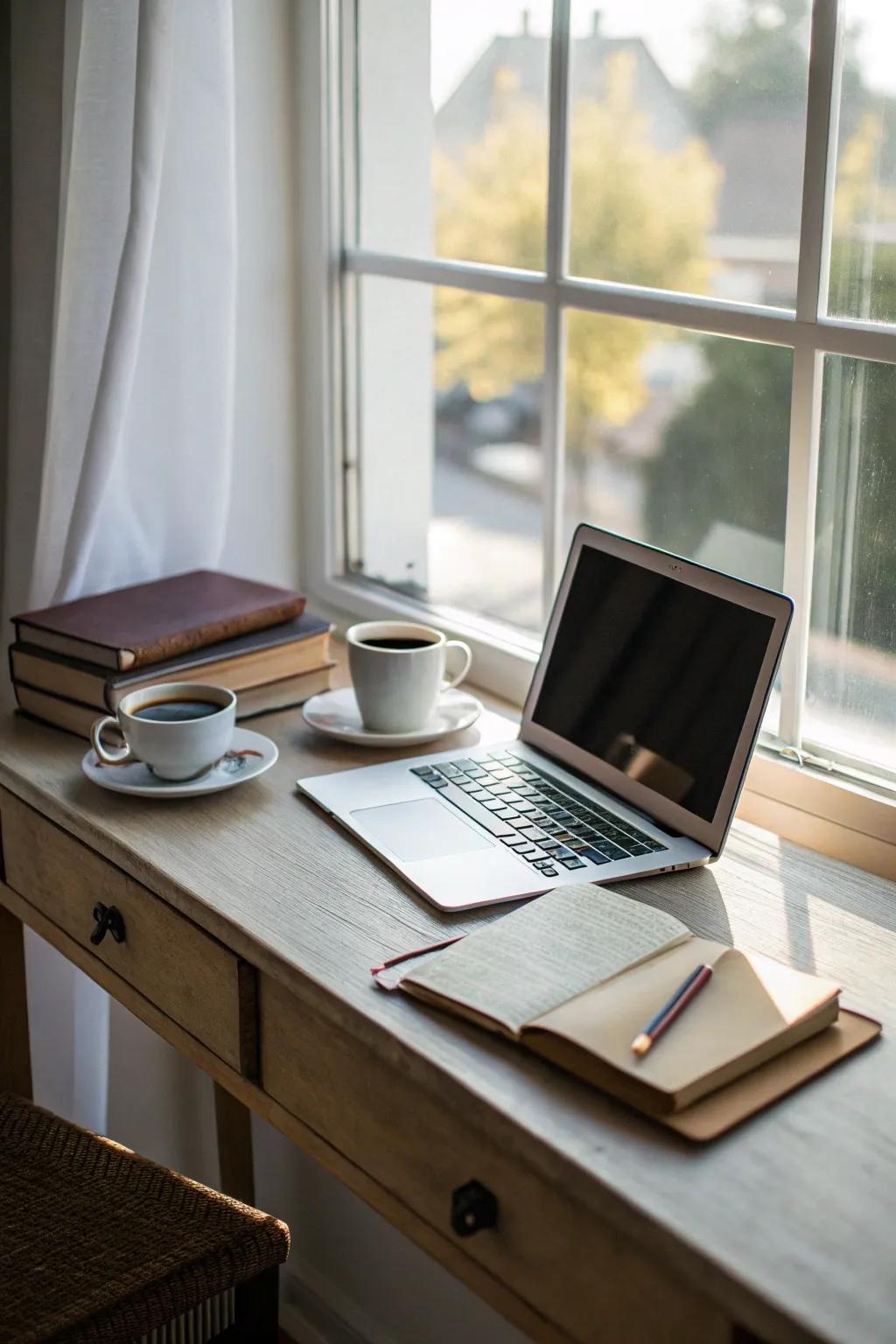 An office desk positioned to maximize natural light from a window.