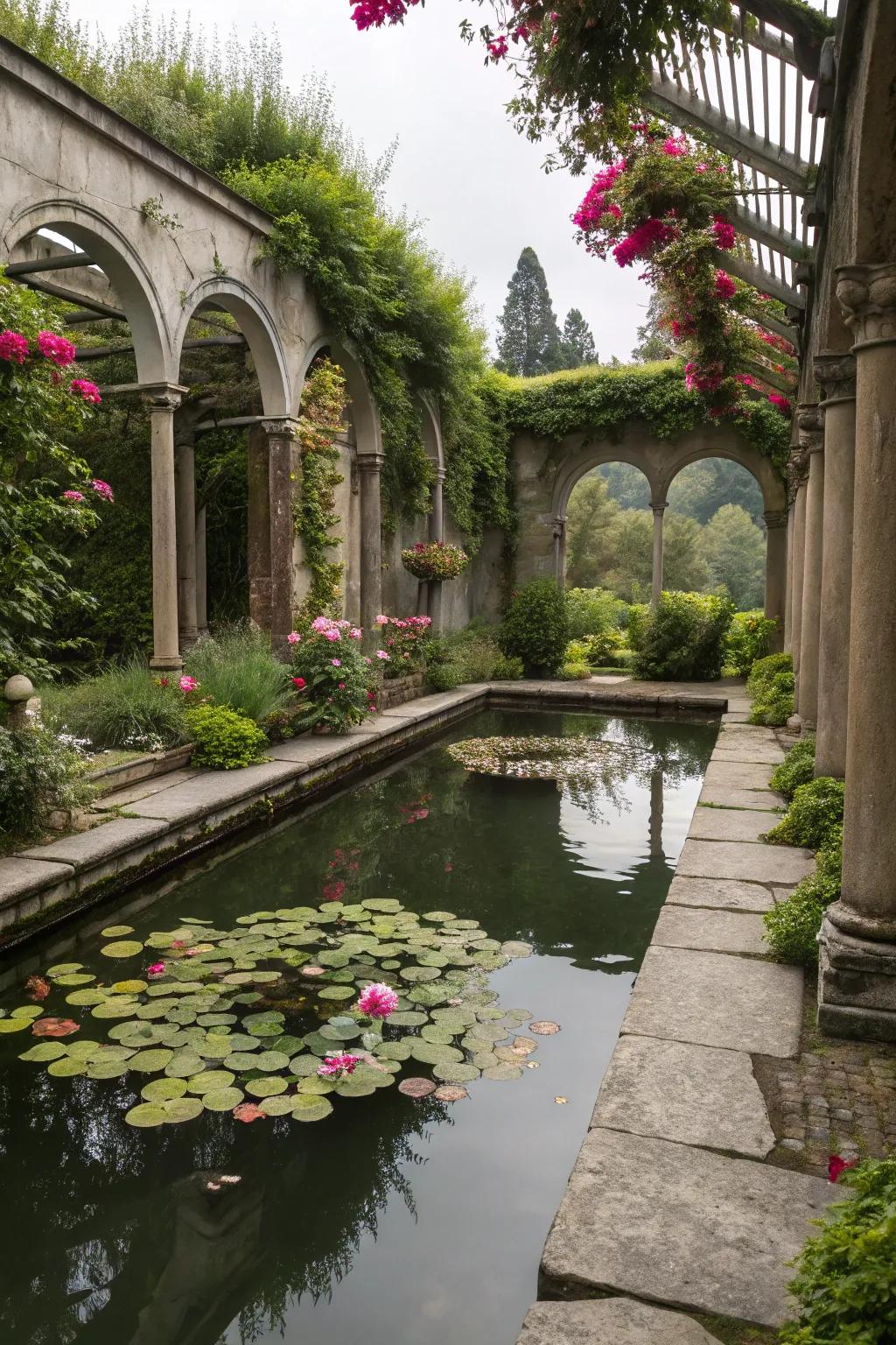 Trellises and archways turn your pond into a secret hideaway.