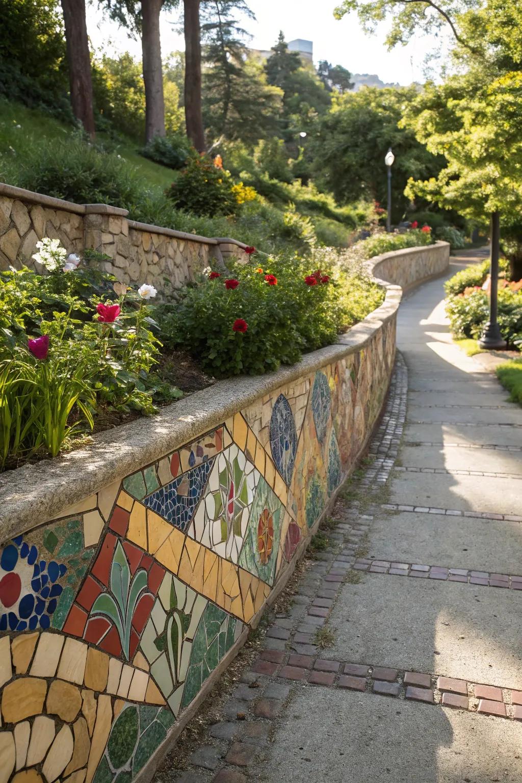 Mosaic designs turn retaining walls into artistic masterpieces.