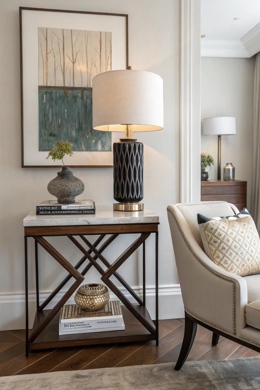 Art pieces enhance the creative appeal of a side table.