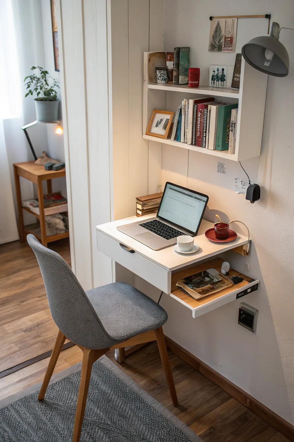 A small workspace featuring a wall-mounted desk, ideal for limited space.