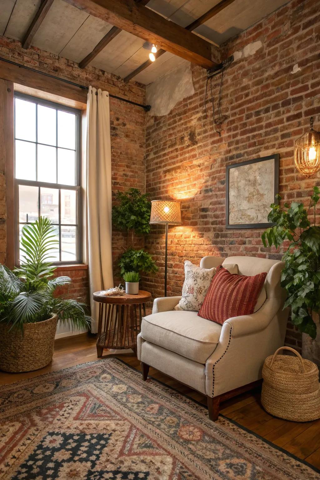 Exposed brick that adds rustic texture to a Southern interior.