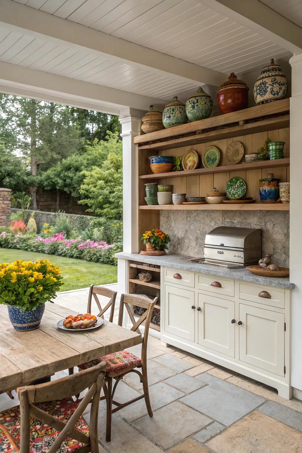 Open shelving showcases beautiful pottery and adds functionality to this outdoor kitchen.