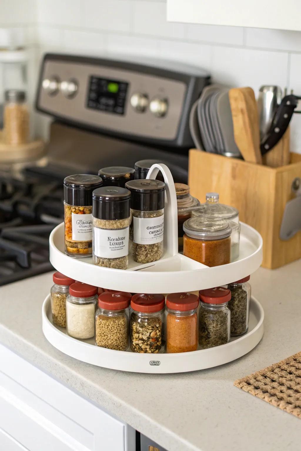 Turntable storage makes spice selection a breeze.