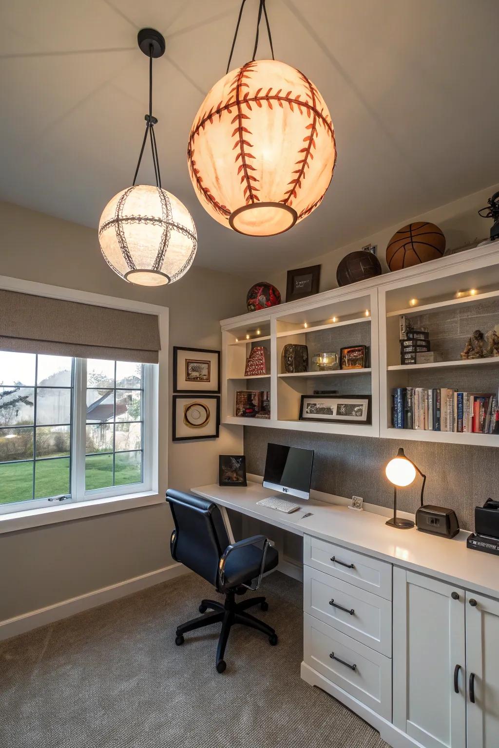 Sports-themed lighting fixtures enhance decor and atmosphere.