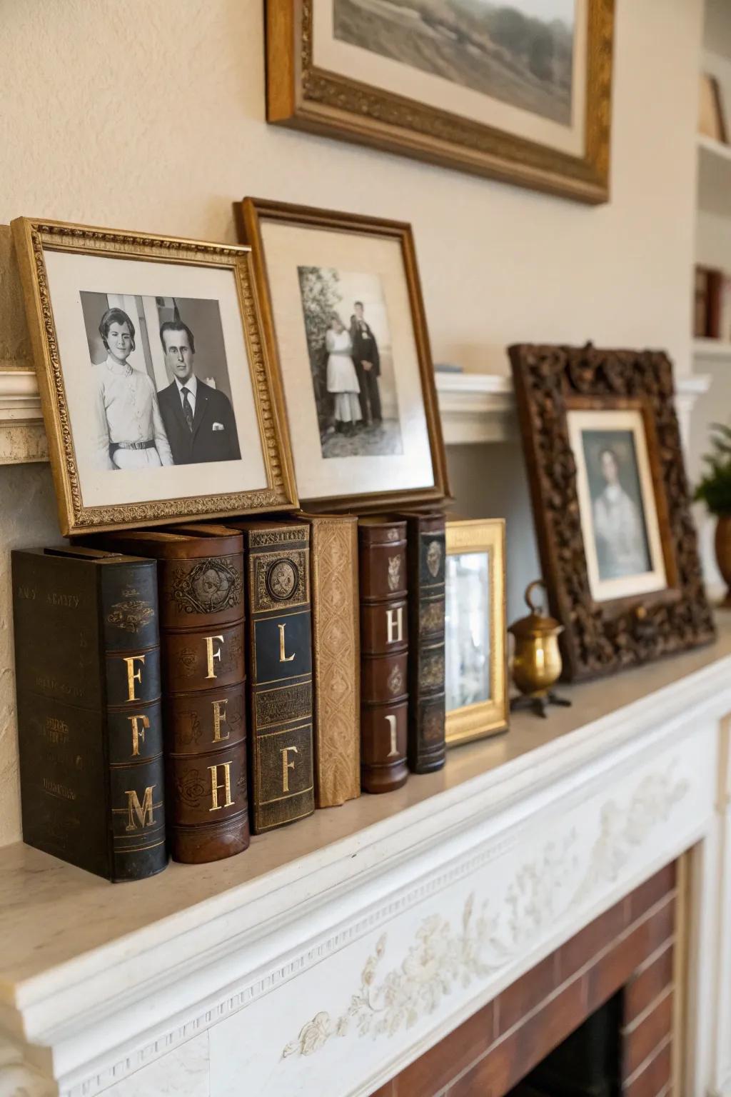 Vintage finds add character and nostalgia to the mantel.