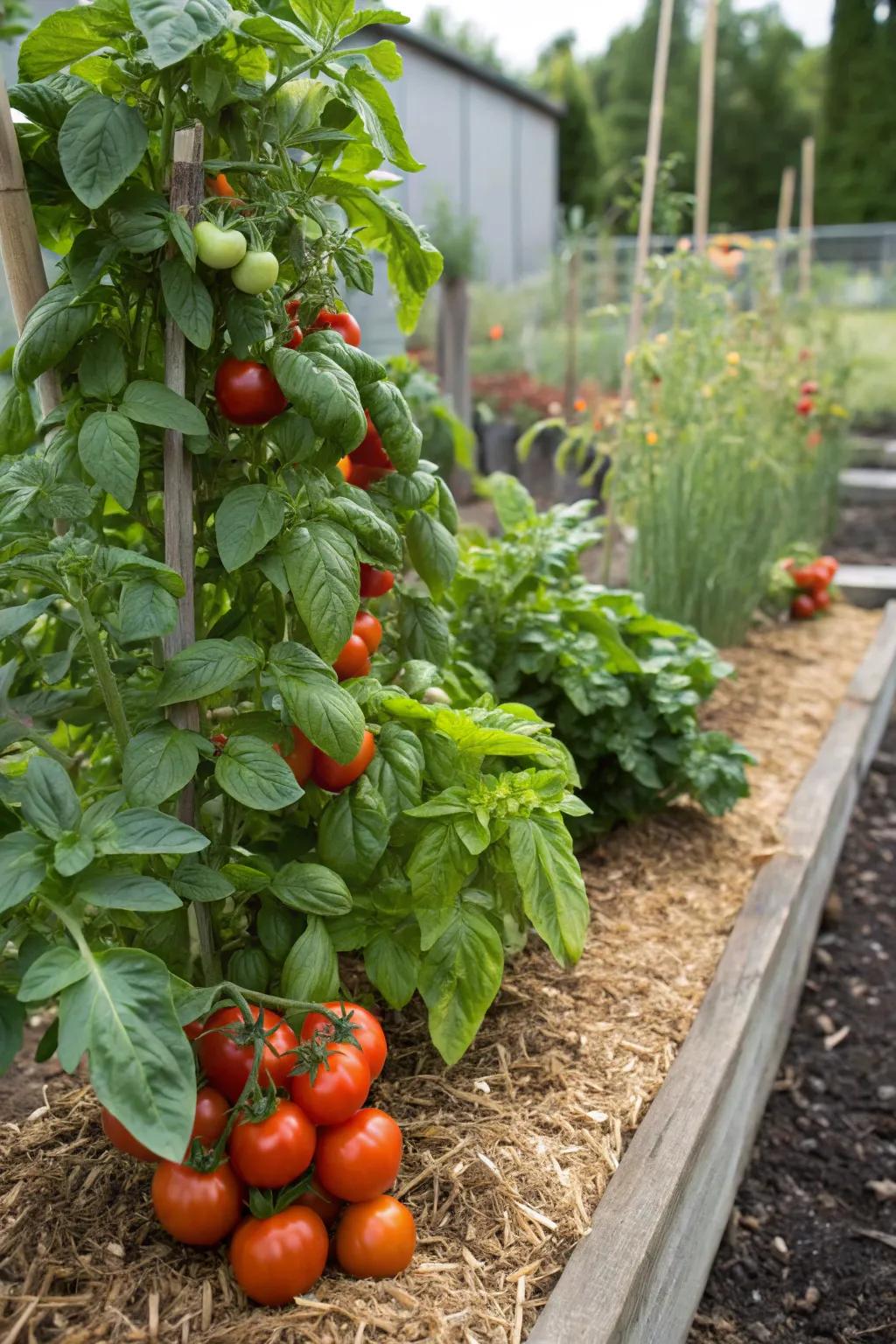 Companion planting improves growth and flavor, as seen with tomatoes and basil.