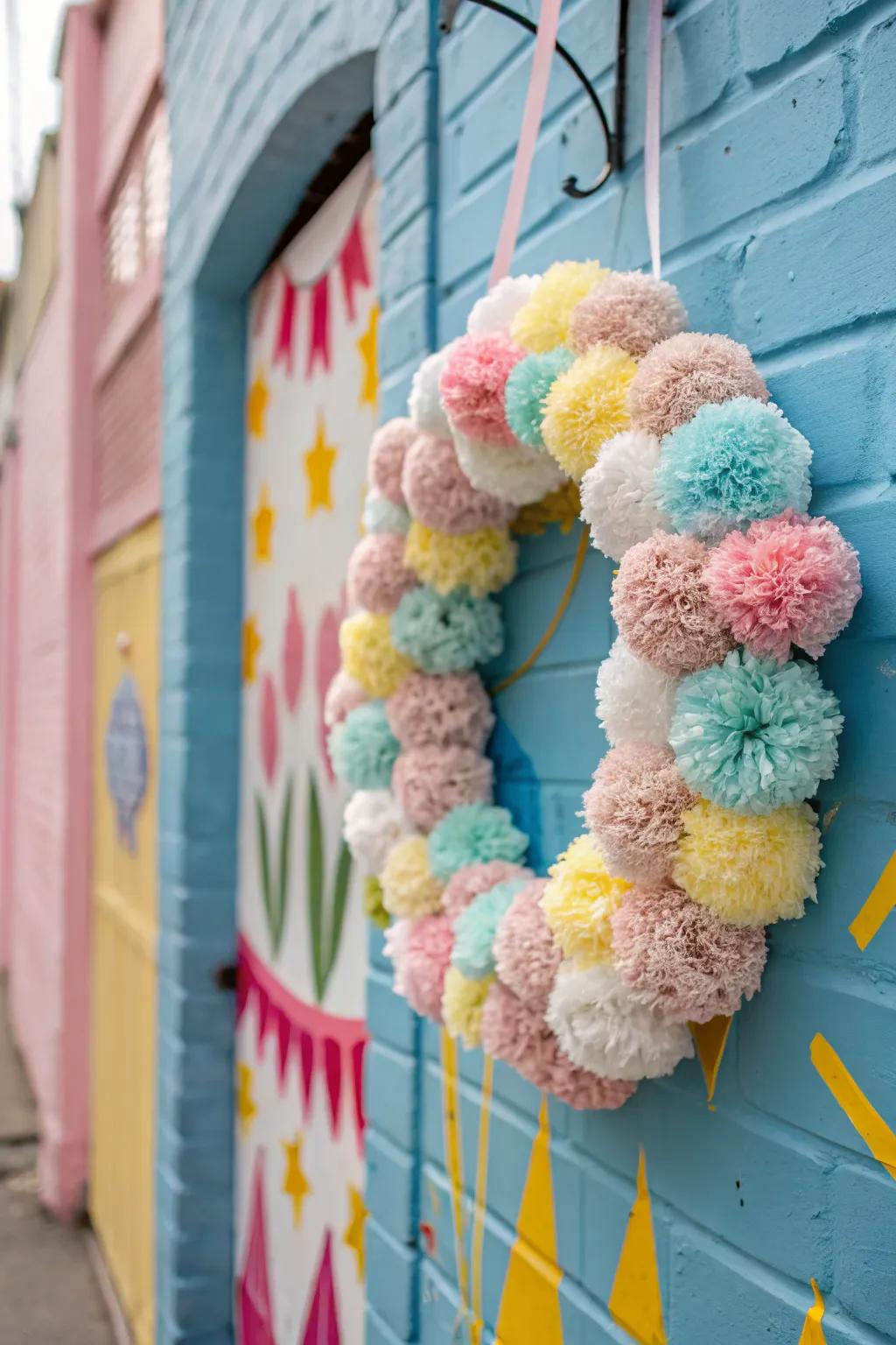 A playful wreath full of colorful pom poms for a touch of fun.