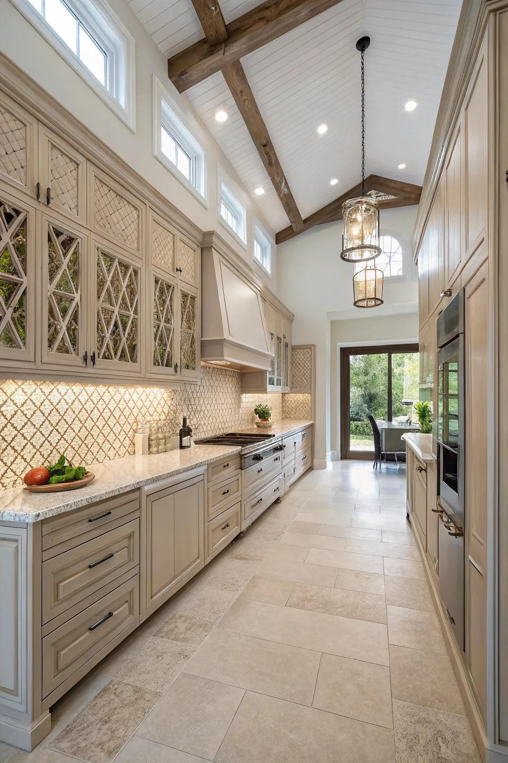 Textured finishes add depth and intrigue to high kitchen spaces.