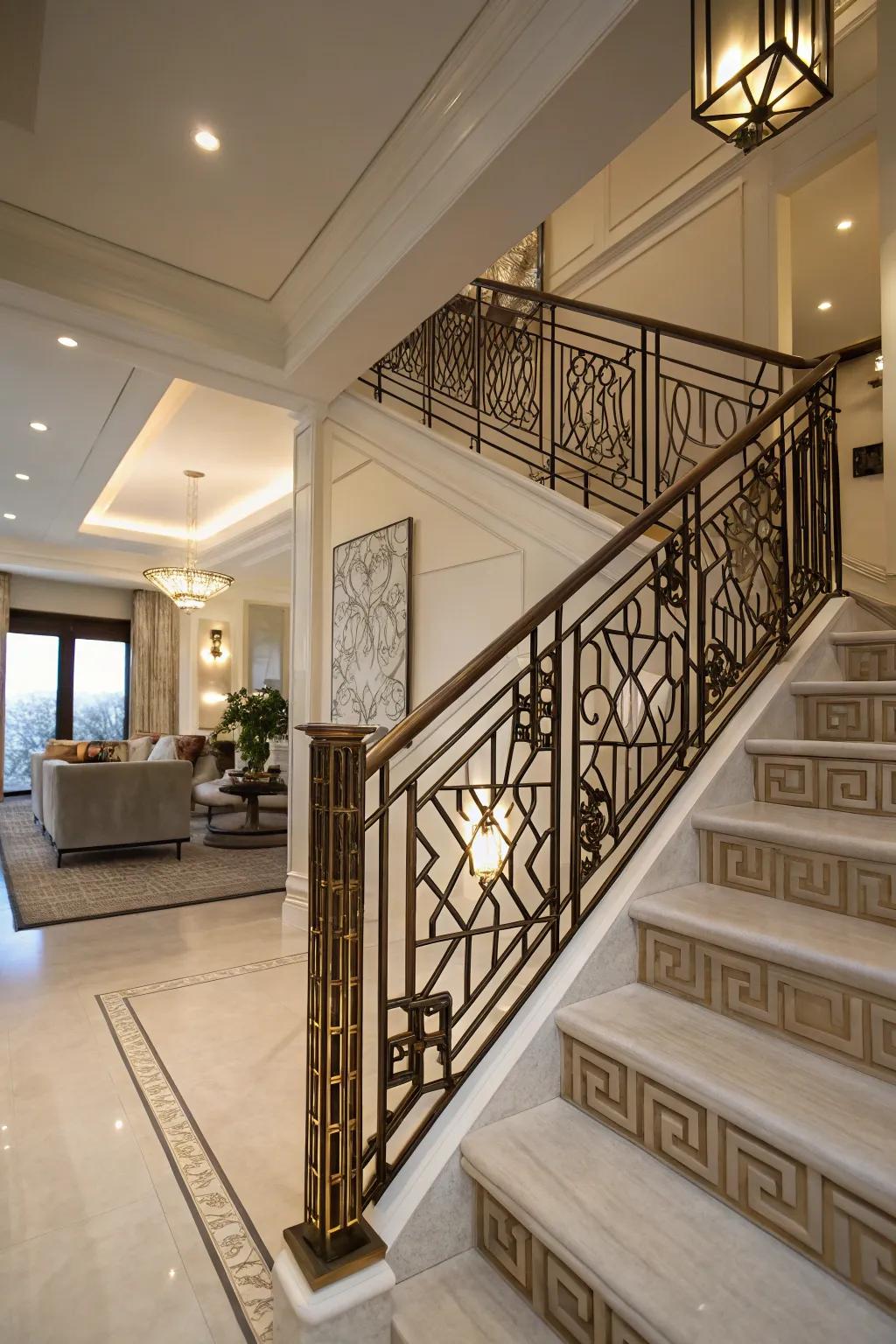 Art Deco railings infuse vintage glamor into the space.