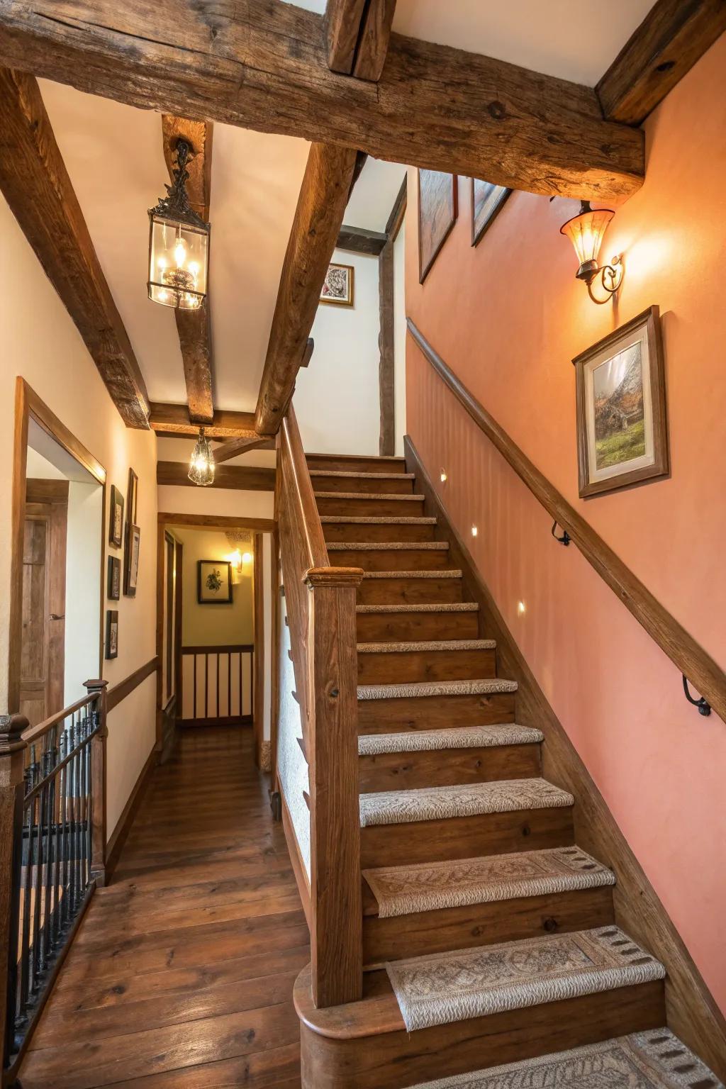 Rustic beam trims add farmhouse charm and coziness.