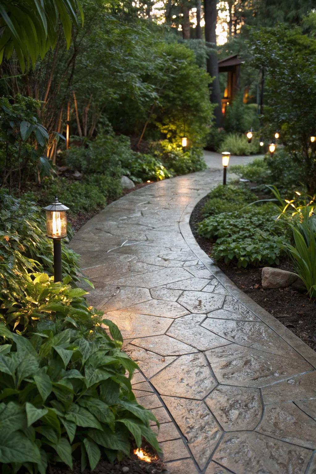 Metallic shimmer adds a touch of glam to this garden path.