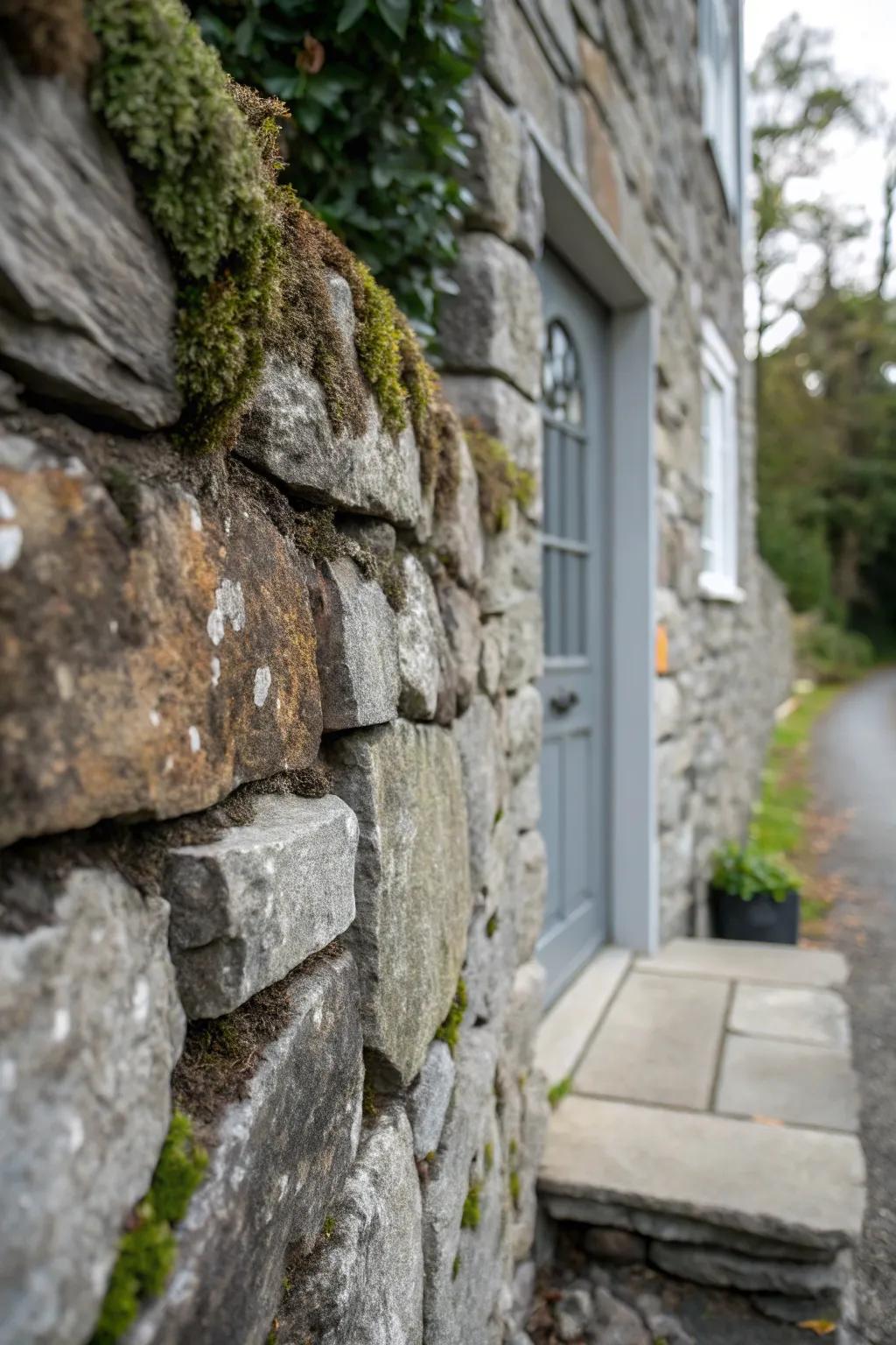 A stone wall feature creates an eye-catching backdrop.