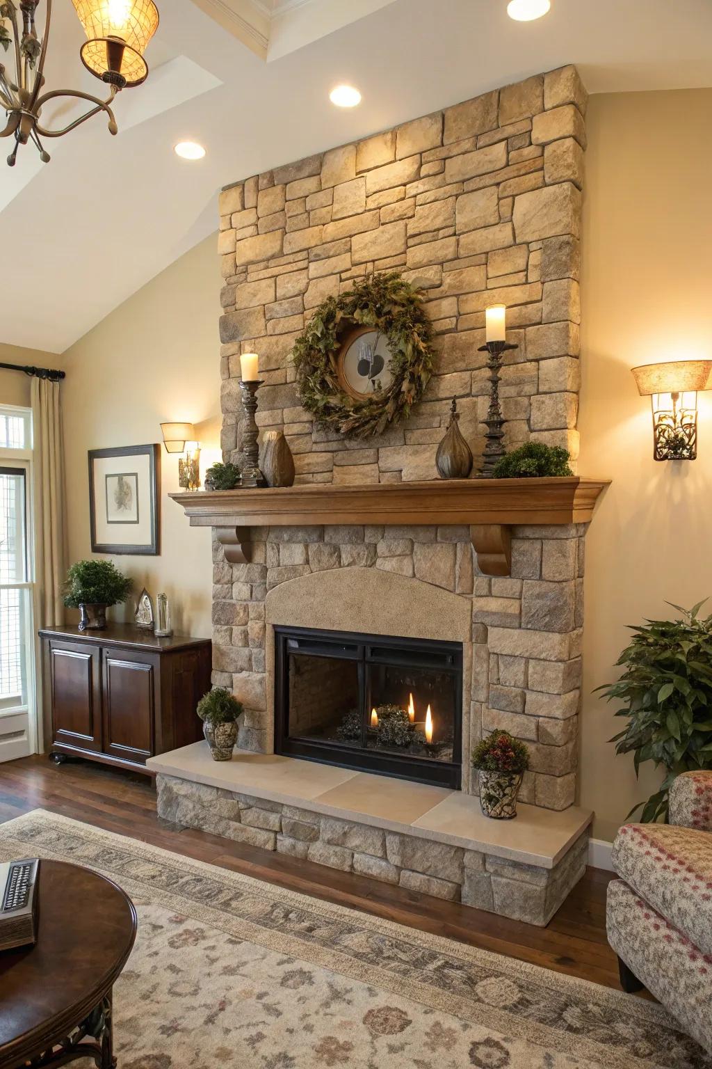 A balanced space with a stone fireplace and symmetrical decor enhancing the mantel.