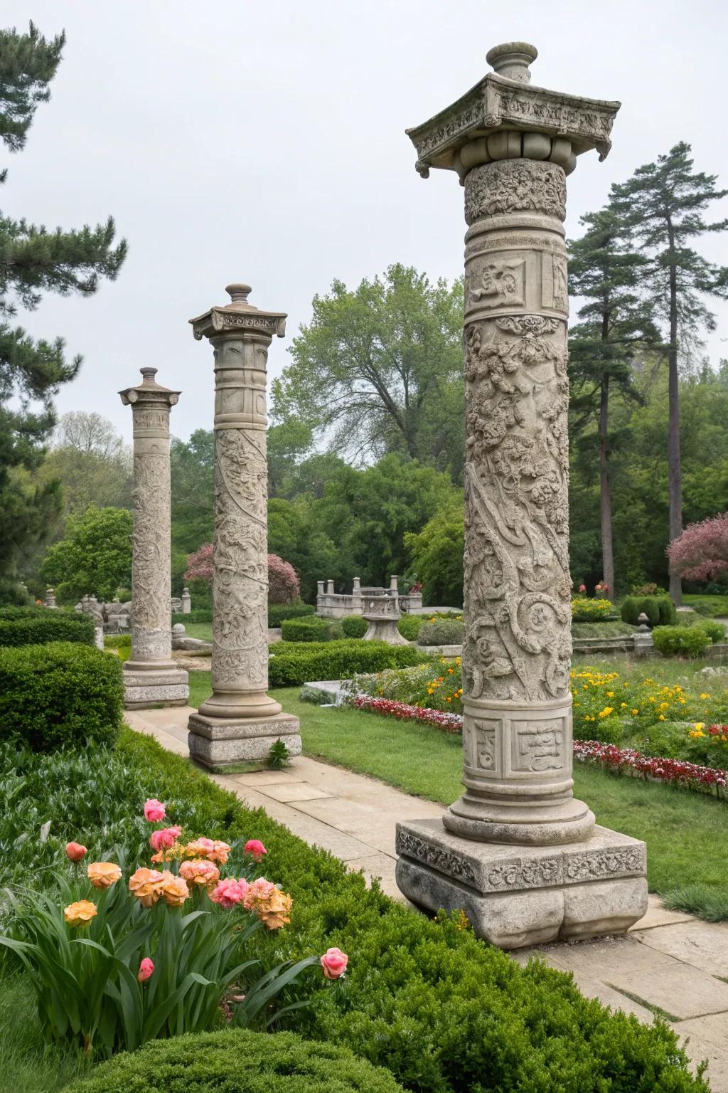 Add artistic elegance with sculpted stone pillars.